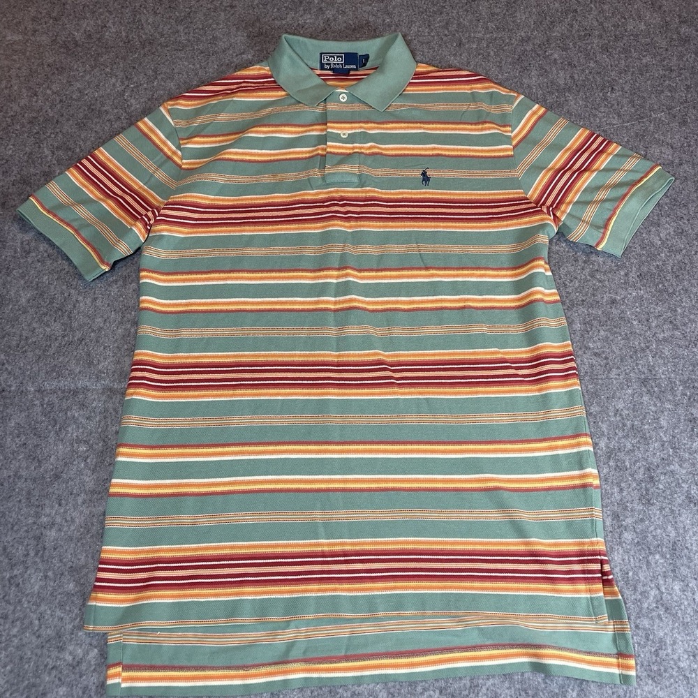 VTG Polo Ralph Lauren Striped Shirt Mens XL Green Orange Sunset Cotton Slit Hem - Picture 1 of 7